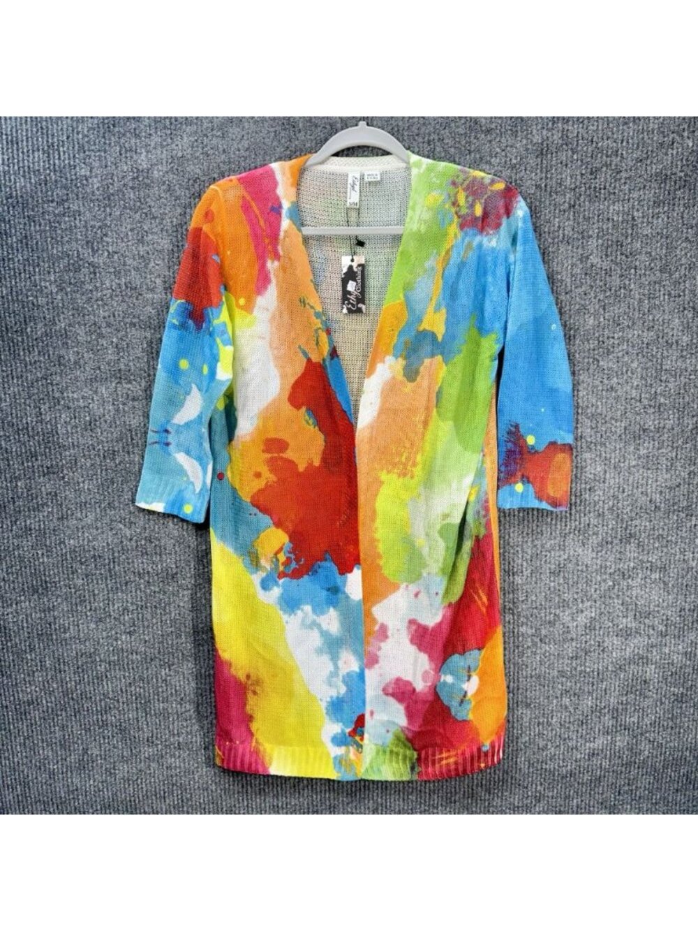 Ethyl Paint Splatter Cardigan Women’s S/M Multicolor Open Front Knit 3/4 Sleeve